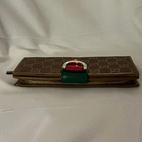 Authentic Gucci GG leather Long Wallet Snap Zip Closures Brown Green Red Accent - Picture 9 of 10